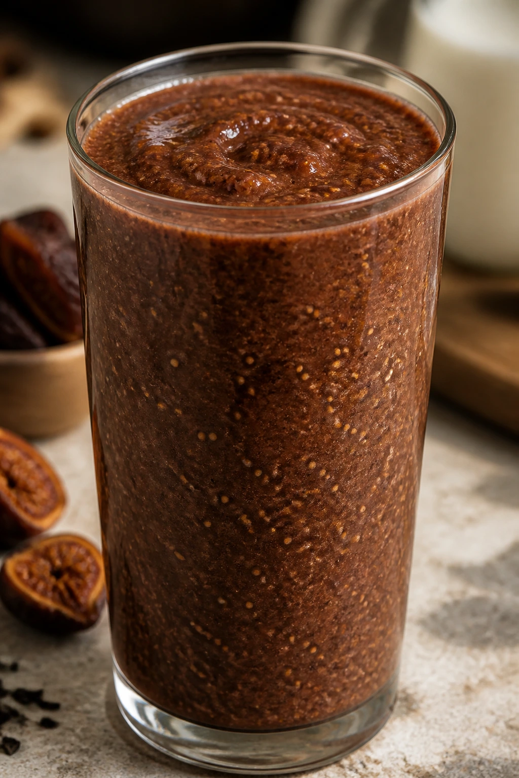Close-up of Fig Black Tea Almond Smoothie in a glass