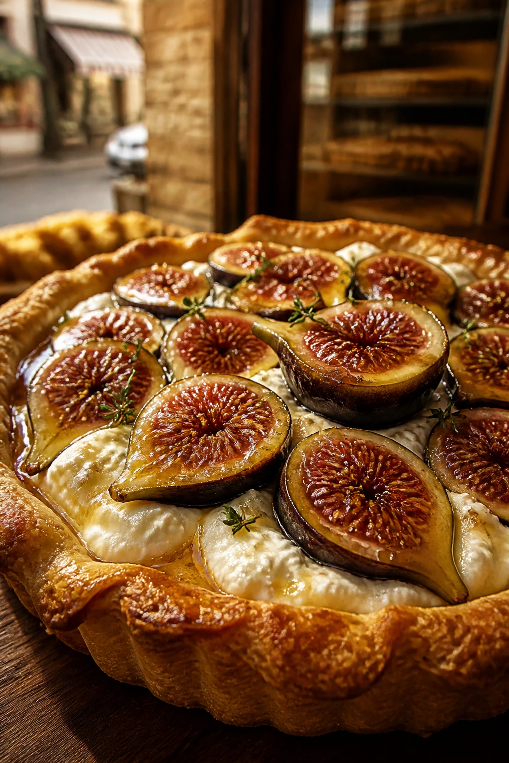 Close-up of fig and ricotta crostata with honey glaze in warm bakery light