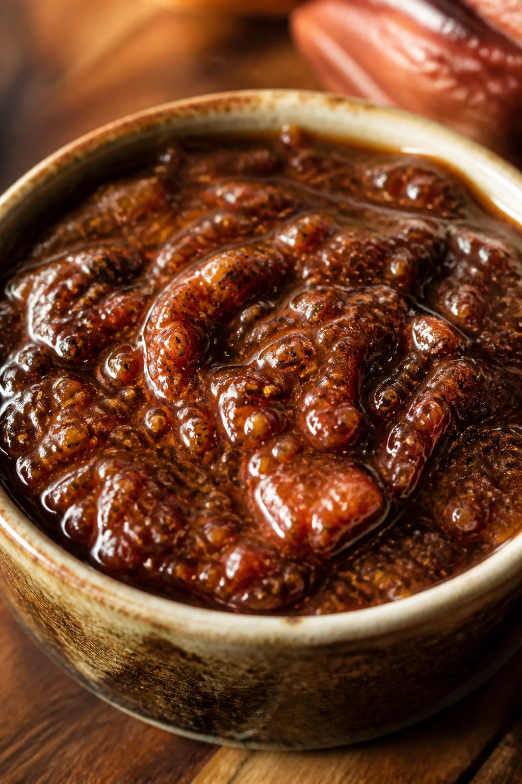 Thick fig glaze with black pepper in ceramic dish