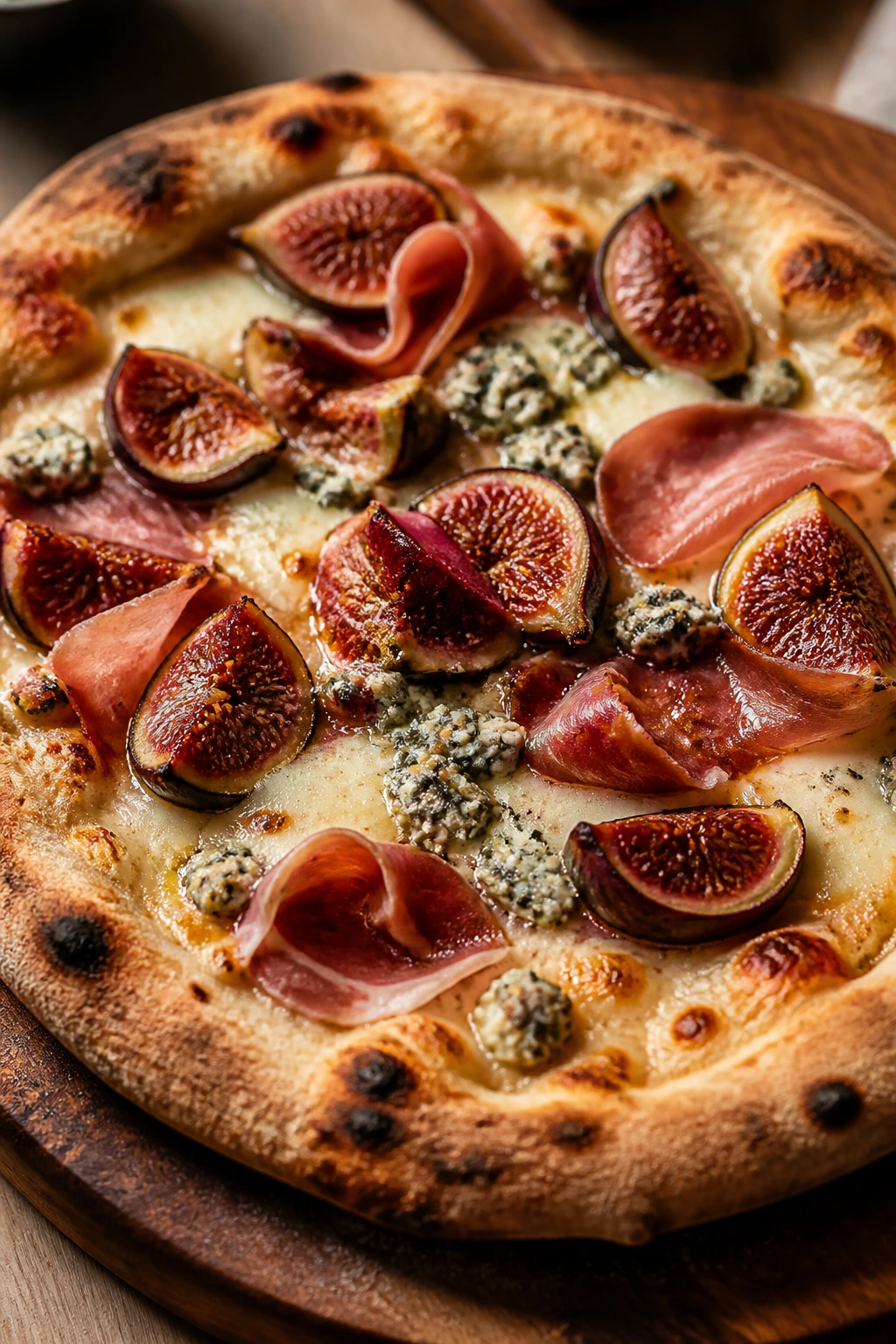 Close-up of fig, gorgonzola, and prosciutto pizza