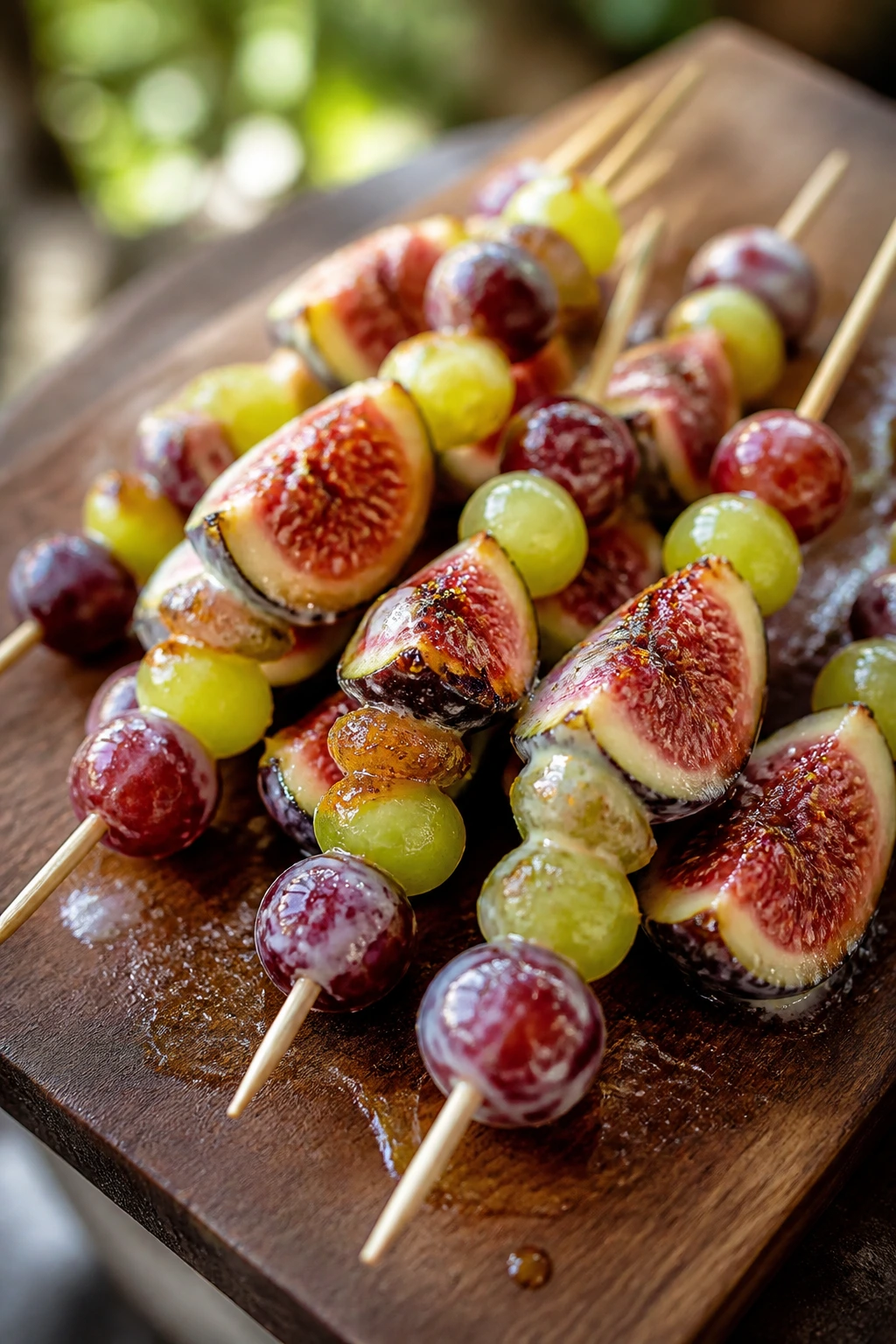 Close-up of Fig, Grape, and Honey Ricotta Kebabs on a wooden board outdoors