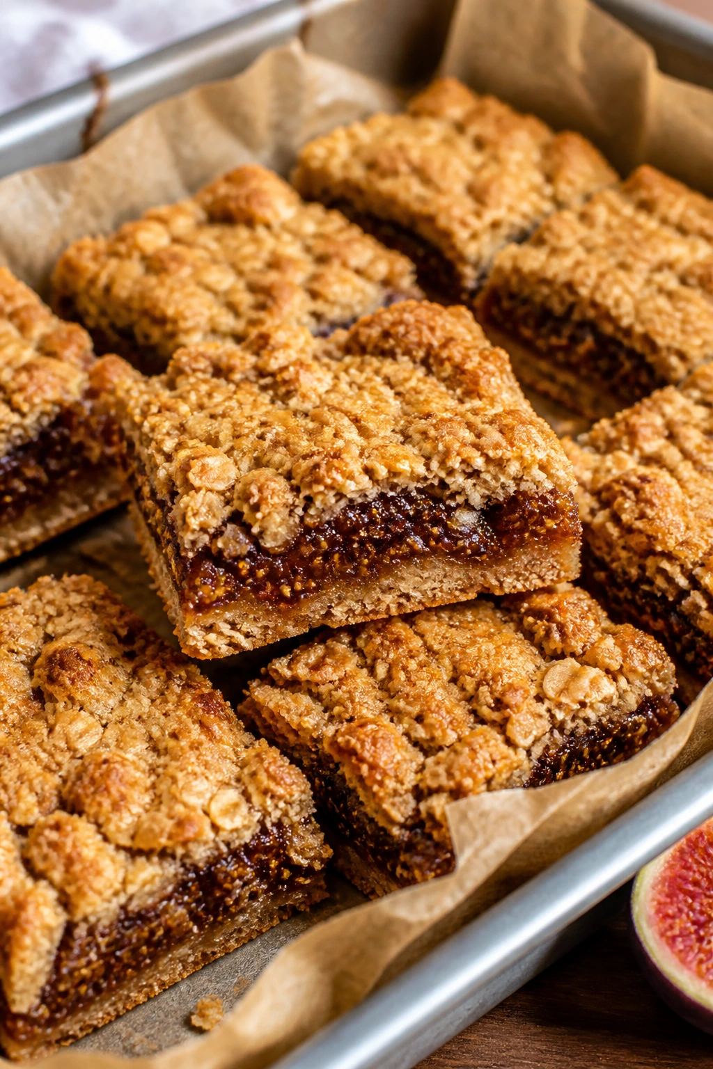 Fig-filled oatmeal squares in pan with crumbly crust
