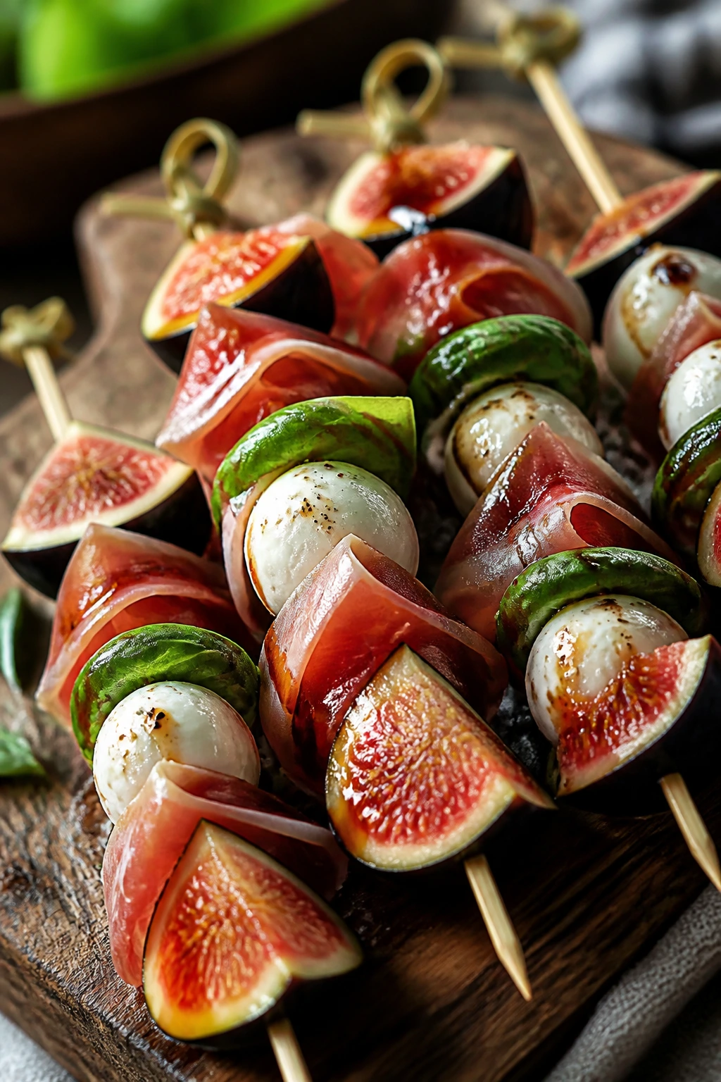 Close-up of fig and prosciutto caprese skewers on wooden board.