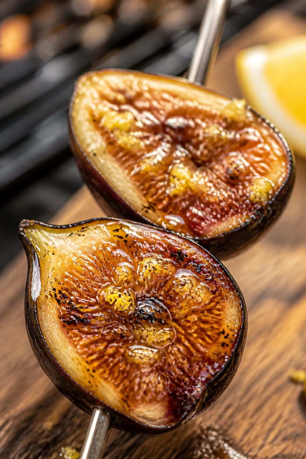 Close-up of fig skewers with honey lemon glaze on wood