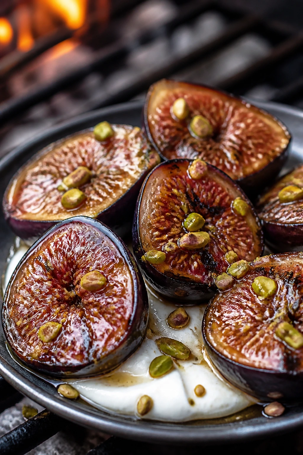Grilled figs with honey and pistachios on a plate outdoors