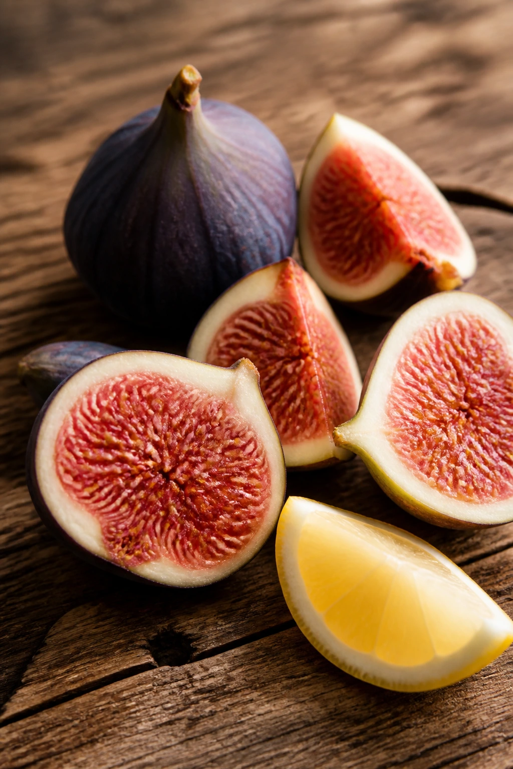 Fresh figs and lemon on wood surface