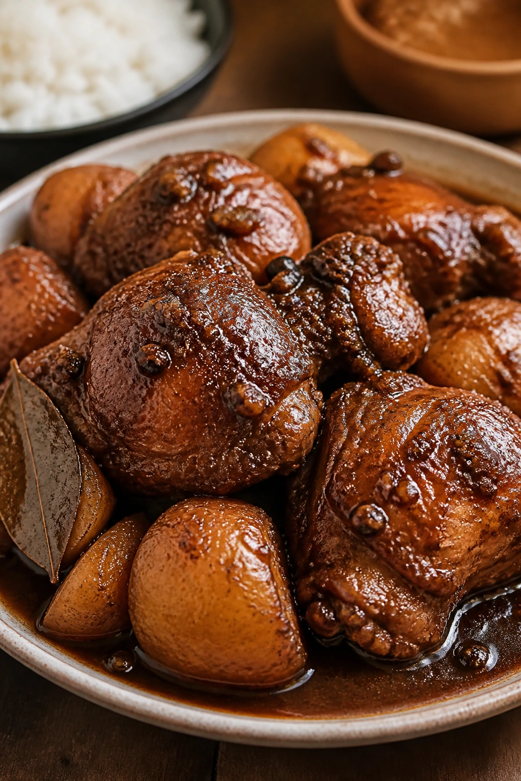 Dark adobo sauce with chicken thighs on a plate