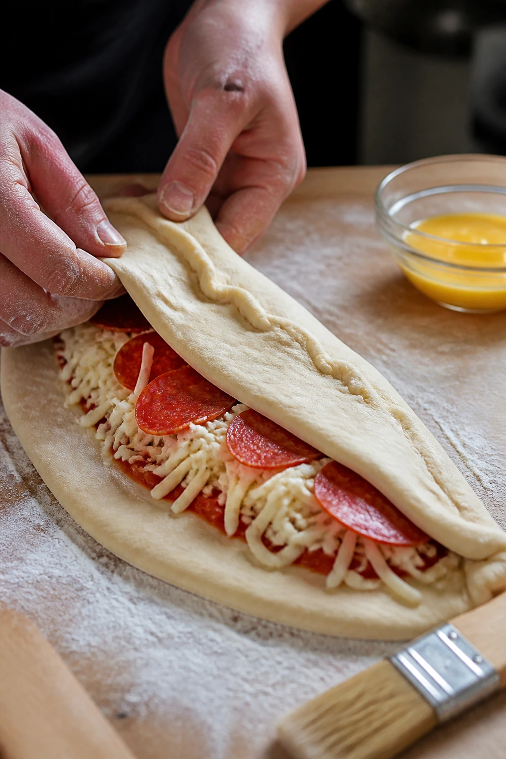 Half-formed calzone with filling visible and seal forming