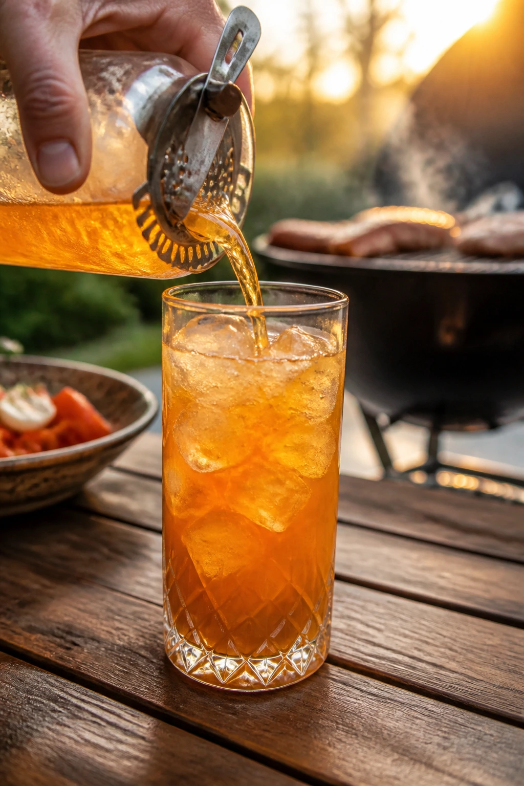 Close-up of a hand pouring a finished BBQ drink into a glass