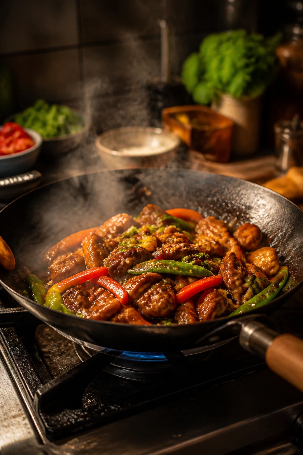 Sizzling skillet with glossy sauce on stove and steam