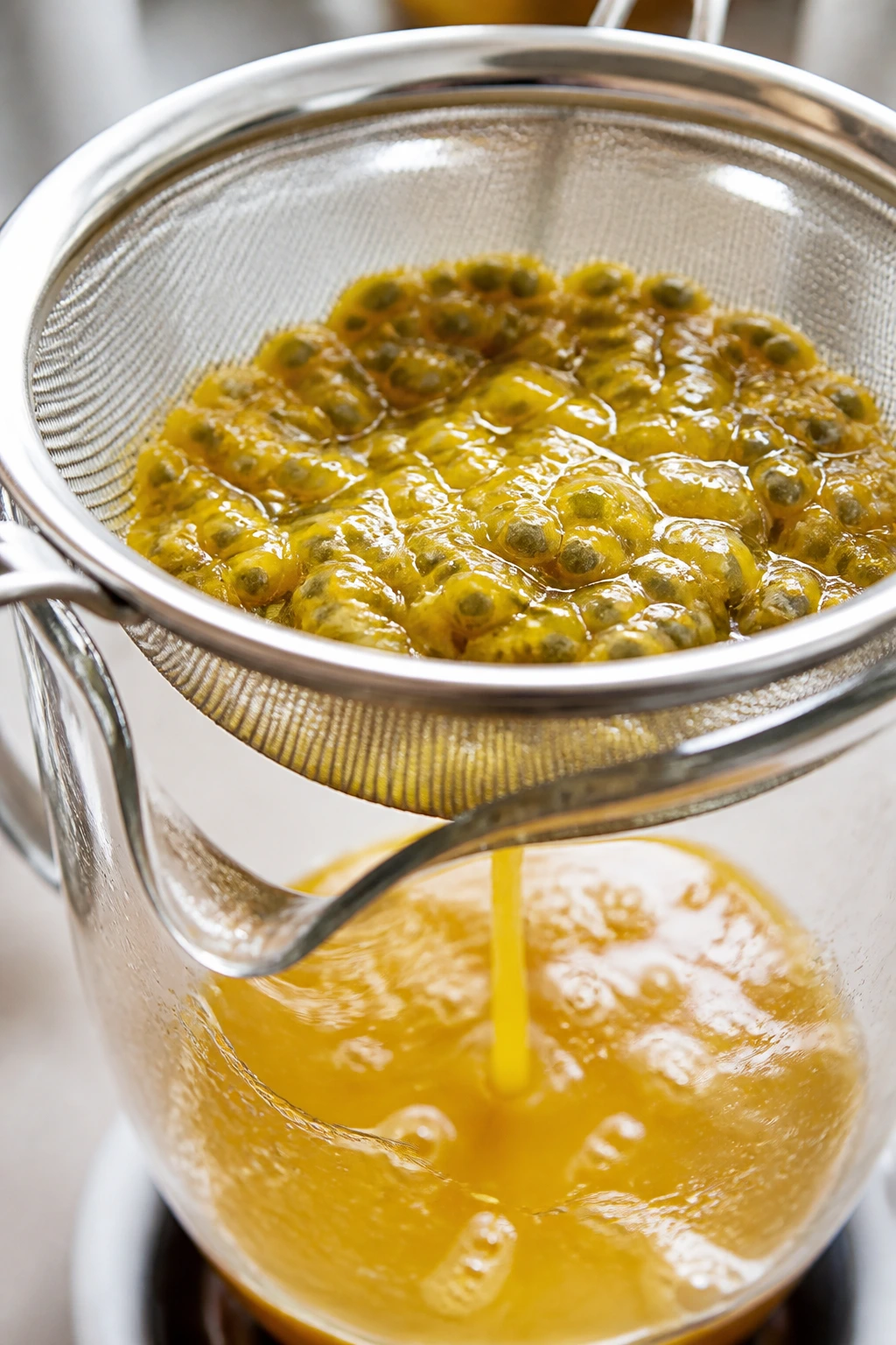 Fine-mesh sieve straining passion fruit juice into a pitcher