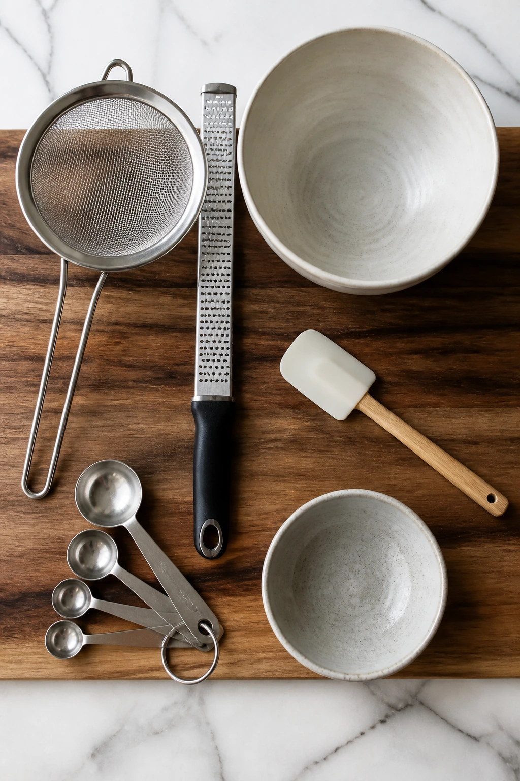 Kitchen tools for texture: strainer, microplane, bowl, spatula
