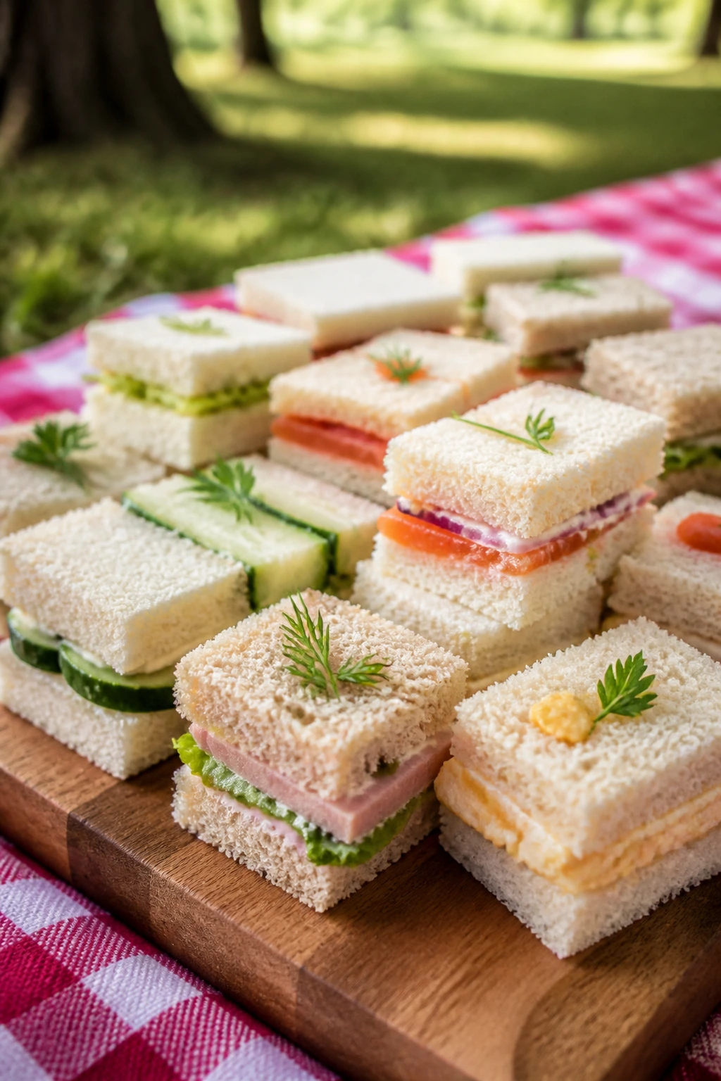 Close-up of a wooden board with two-bite picnic finger sandwiches outdoors