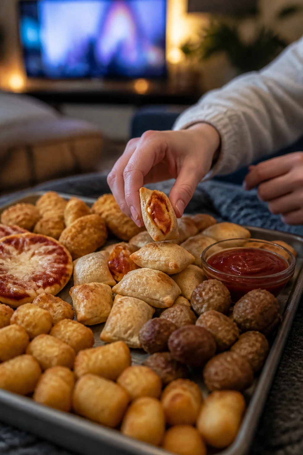 Hands reaching for finger-friendly movie-night dinners on a tray in a cozy living room