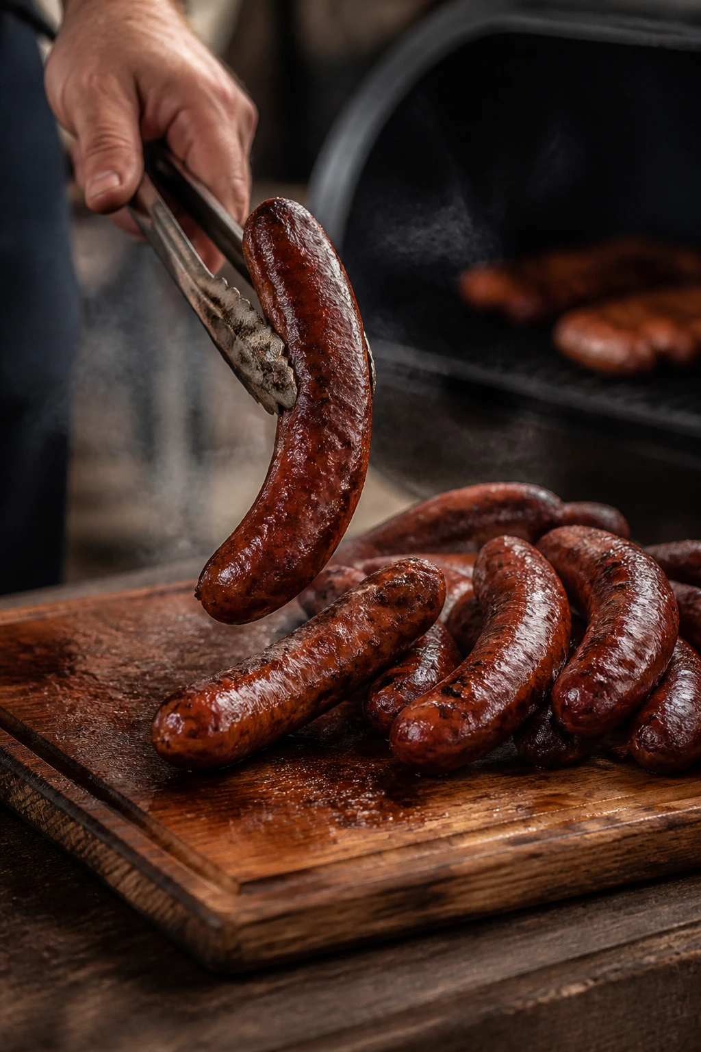 Sausage being pulled from the smoker with smoke in the background