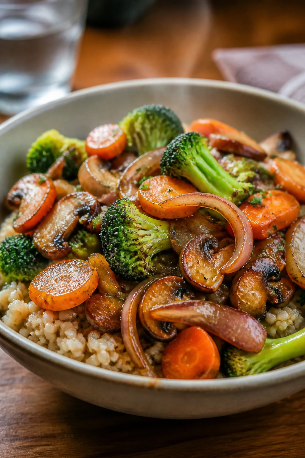 Finished bowl of caramelized vegetables over brown basmati rice with glossy glaze