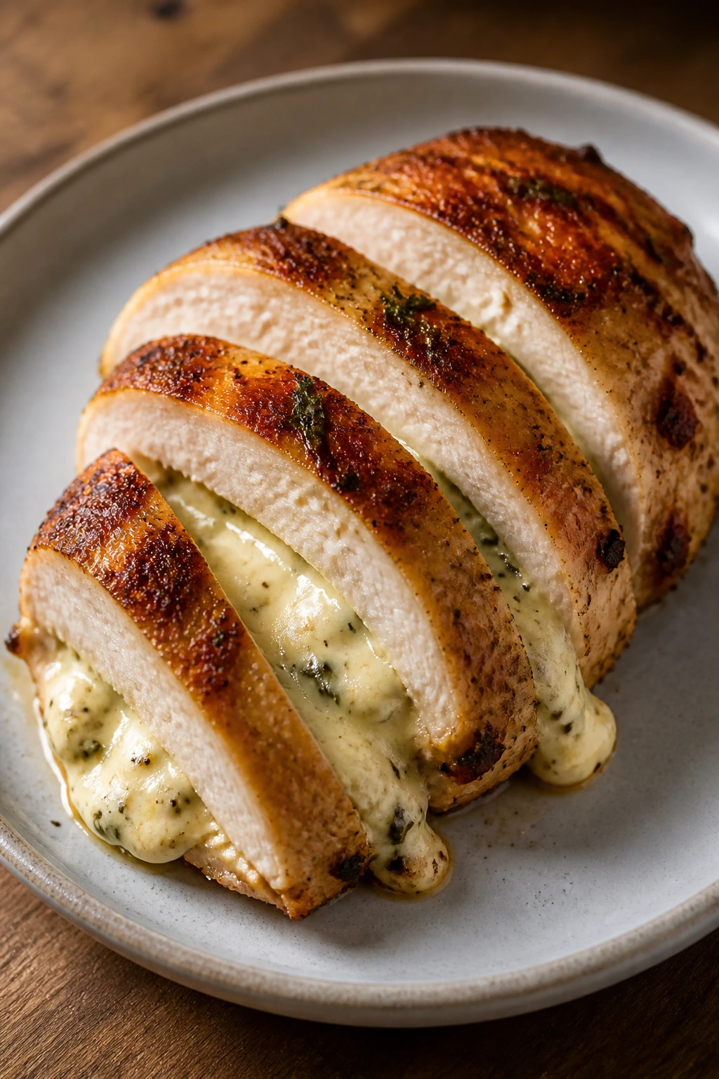 Finished plate with sliced stuffed chicken breast showing final shape