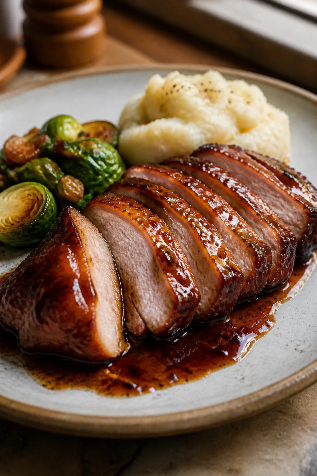Glossy glazed pork on a finished plate