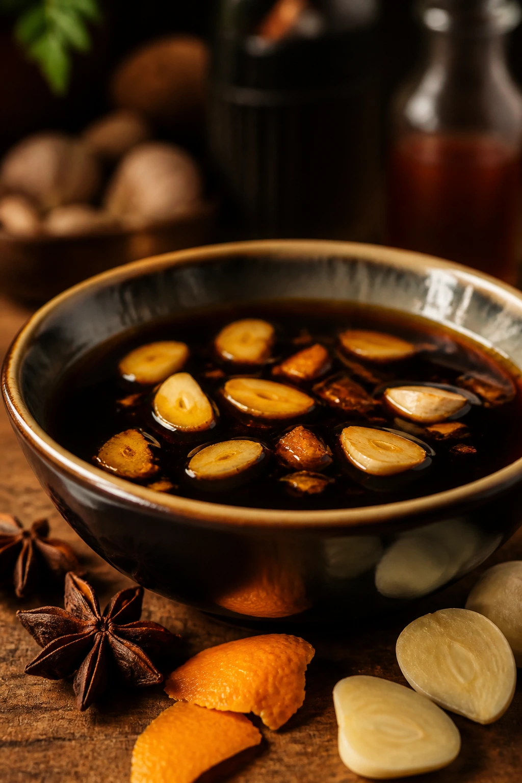 Finished aromatic sauce in a bowl with aromatics around the rim