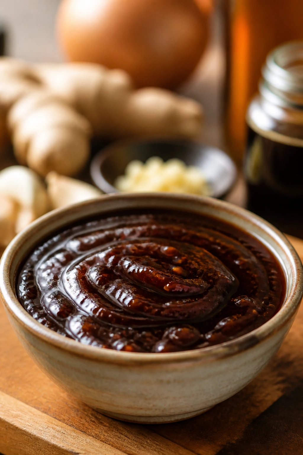 Glossy brown sauce with thick, silky texture in a small bowl