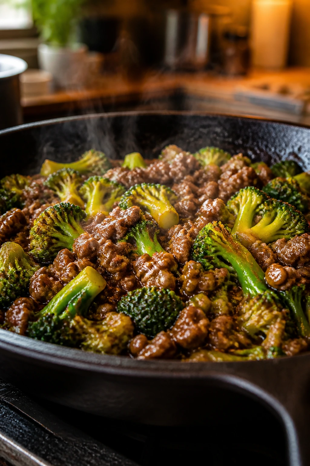 Finished beef and broccoli in skillet with glossy glaze