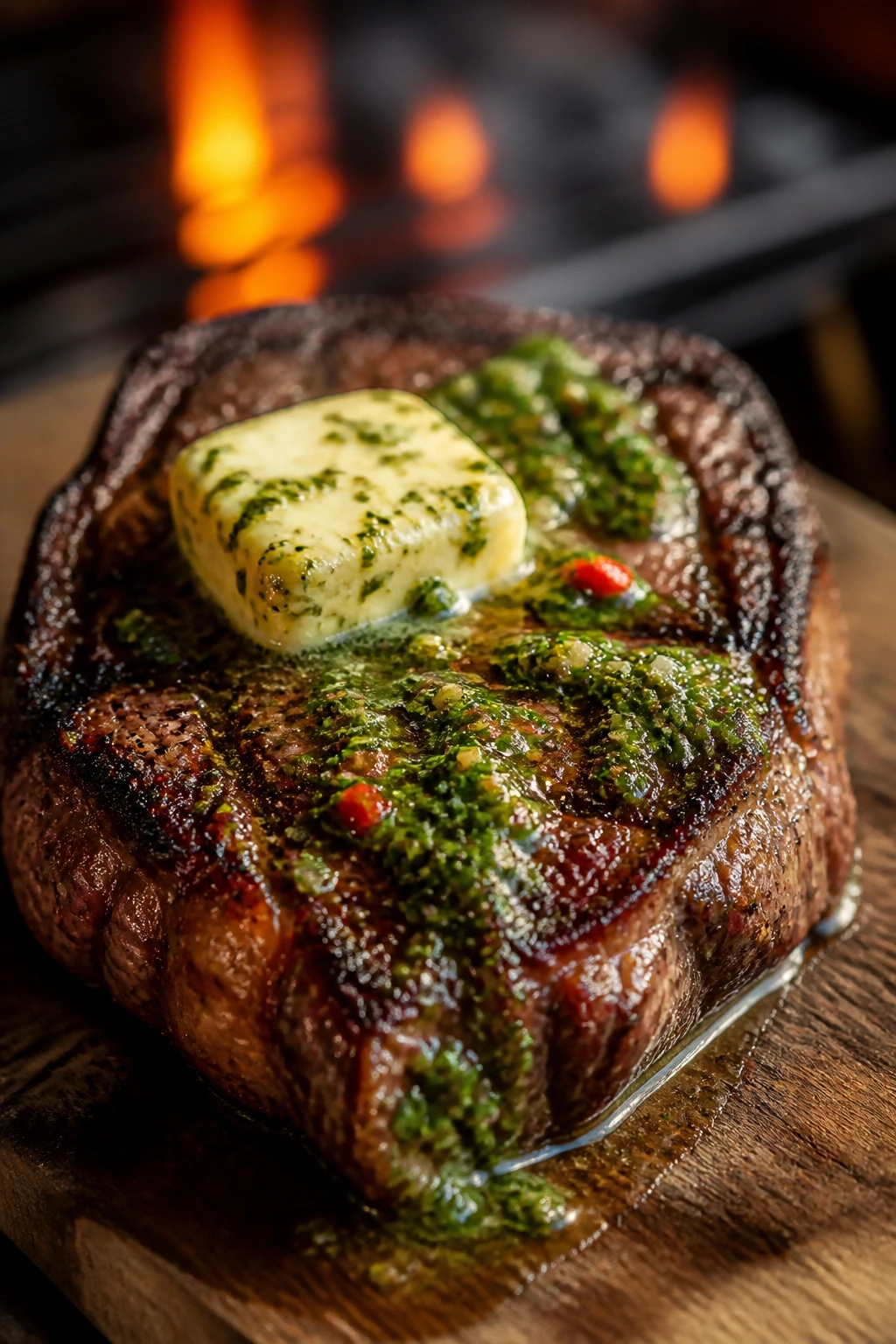 Close-up of grilled steak with melting herb butter and chimichurri on a wooden board.