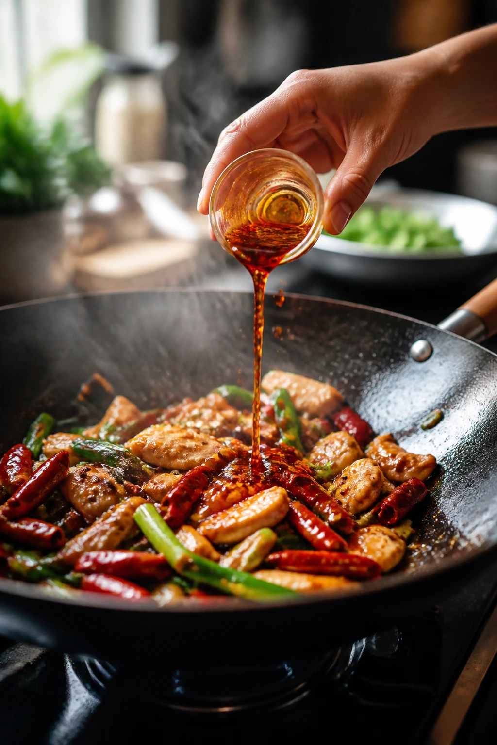 Hand drizzling chili oil over a steaming wok