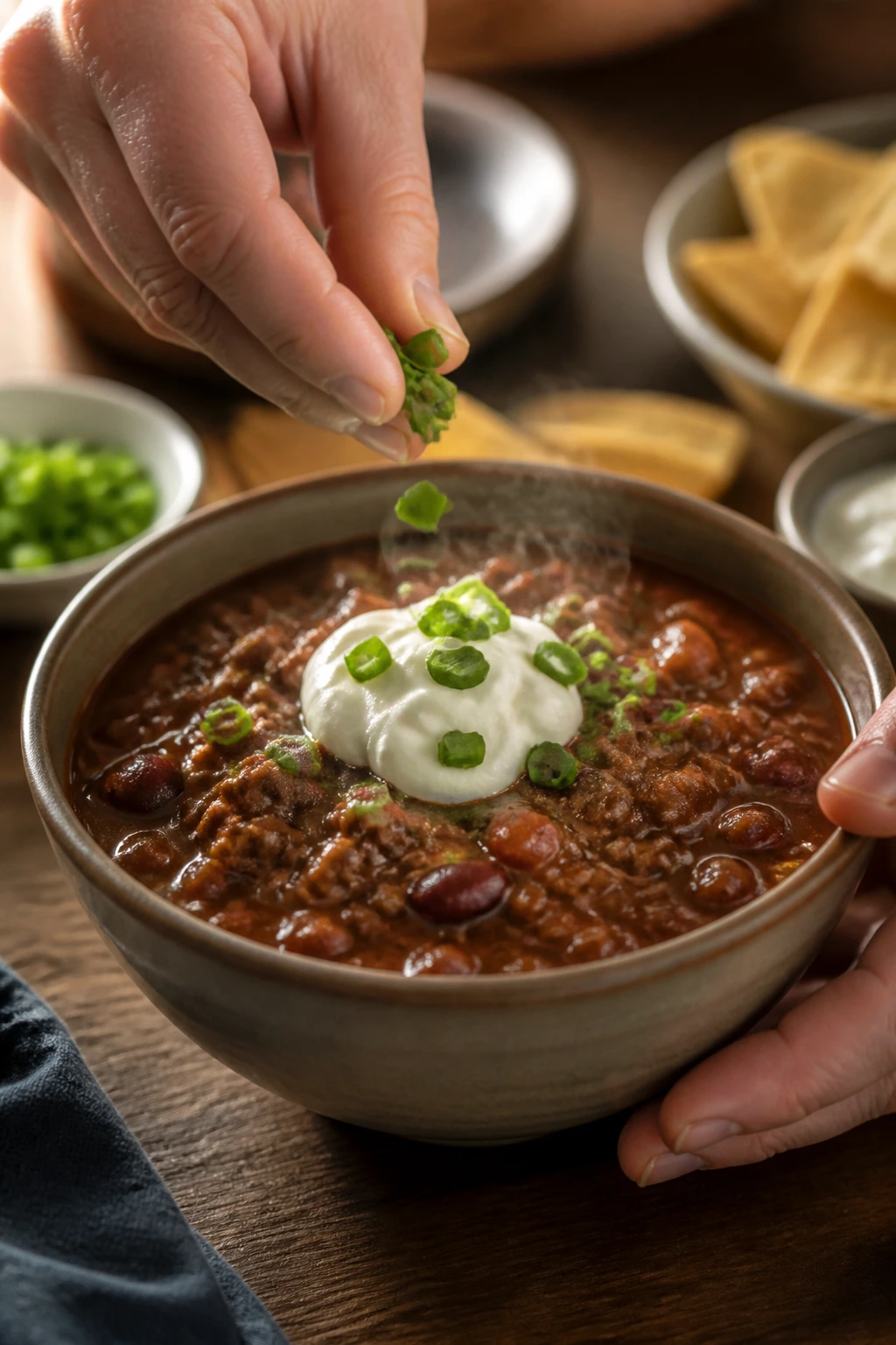 Hands finishing a bowl of chili with yogurt and scallions at a table