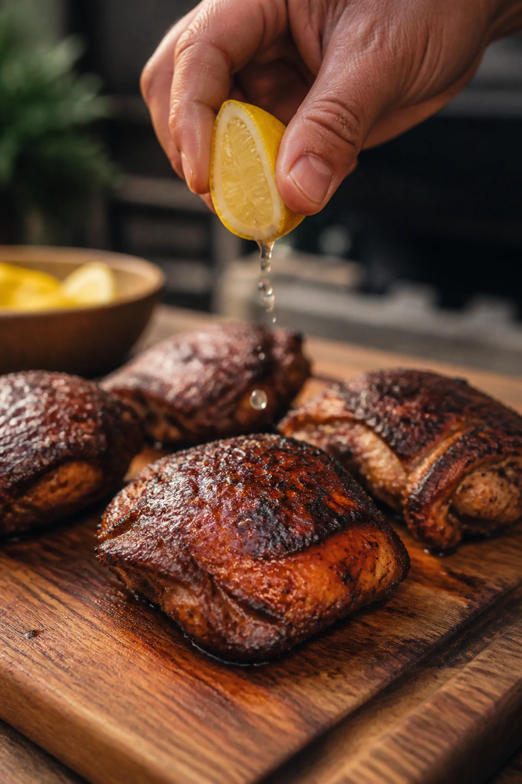Hand finishing smoked chicken with lemon juice on a cutting board