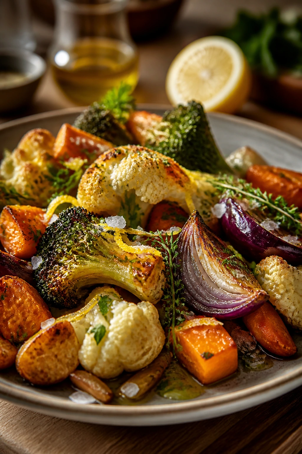 Close-up roasted vegetables with flaky salt, olive oil drizzle and lemon zest