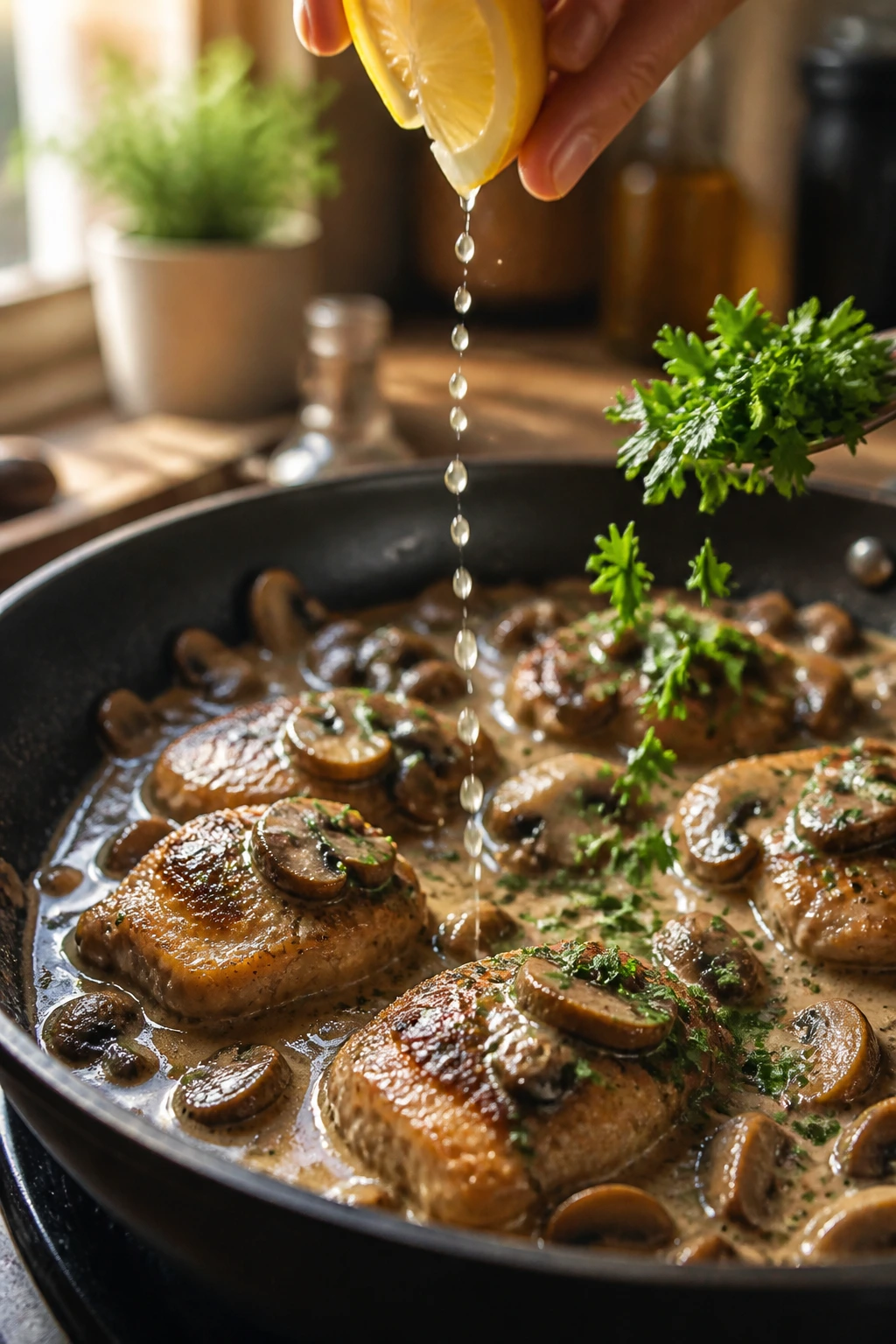 Finishing touches on mushroom sauce with lemon and parsley