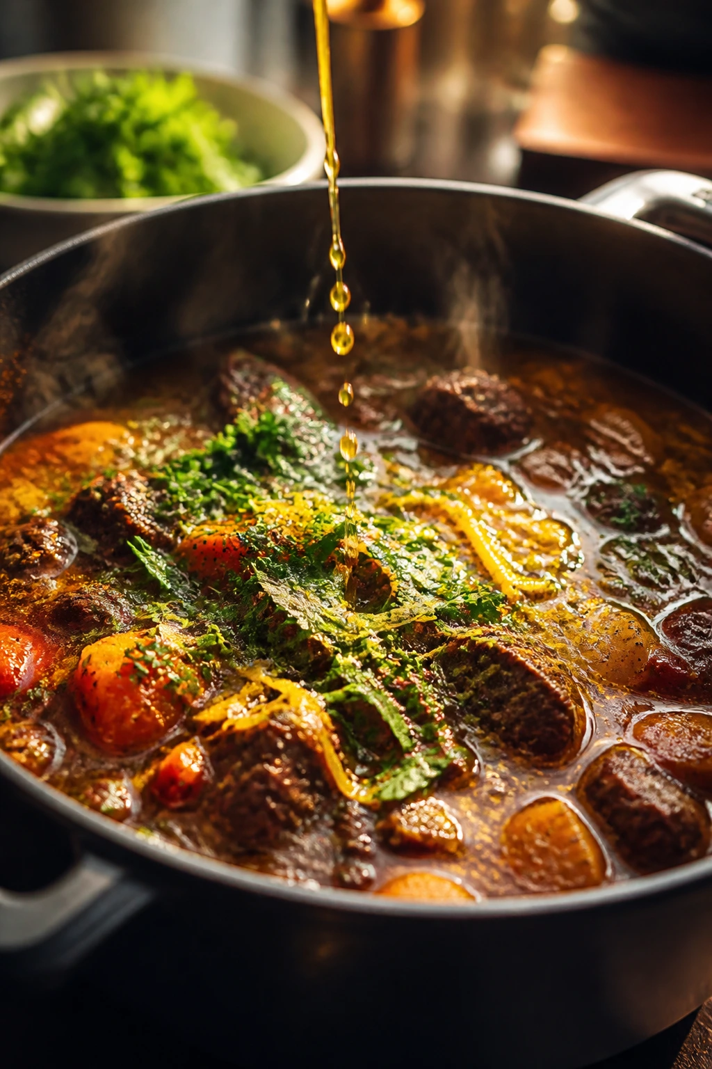 Close-up of a pot with herbs and citrus finishing touches in a warm kitchen