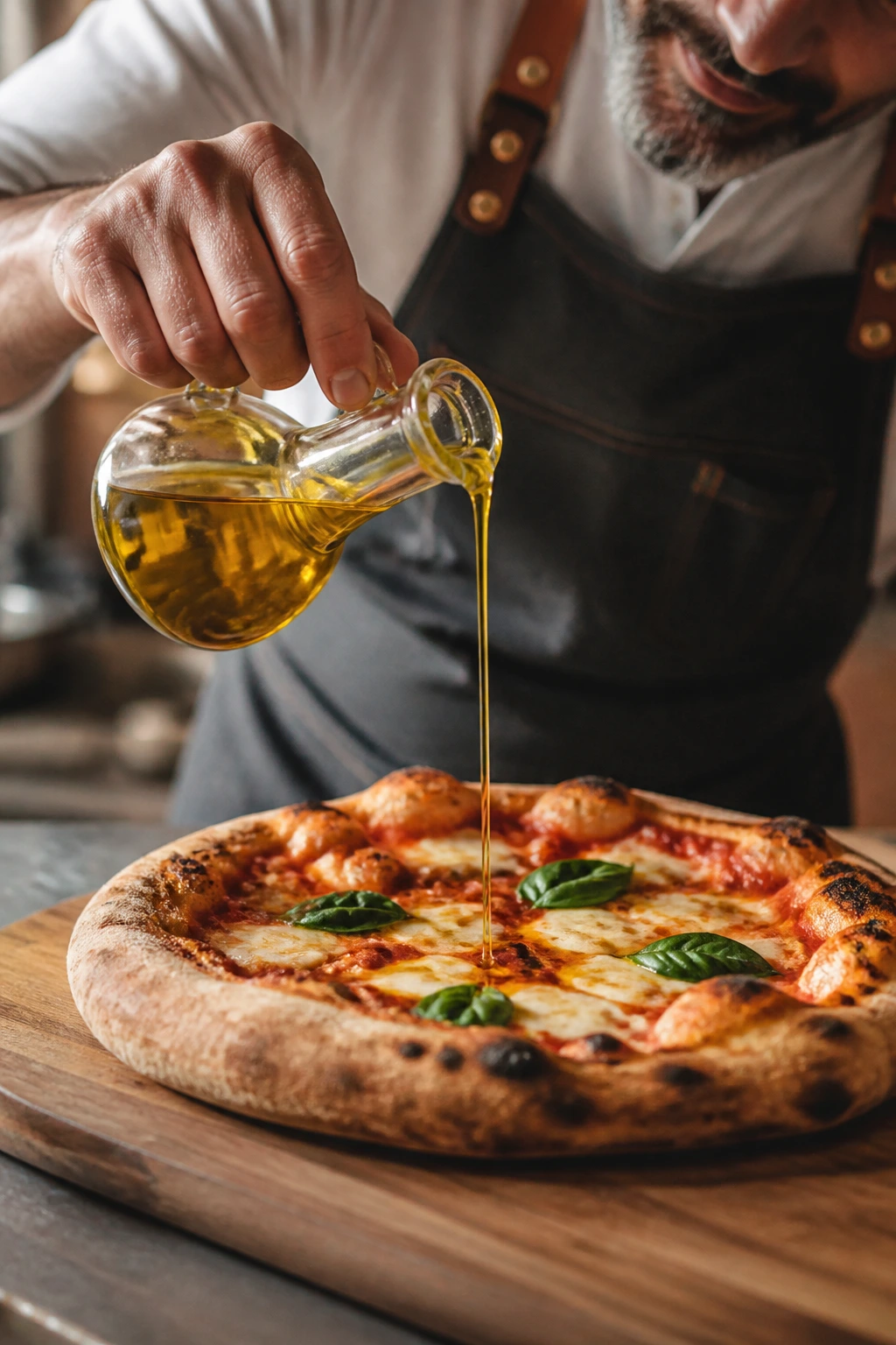 Pizza being drizzled with finishing olive oil by a cook