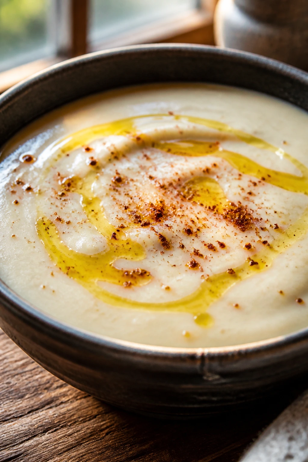Creamy chilled soup with olive oil drizzle and smoked paprika on top in a rustic setting