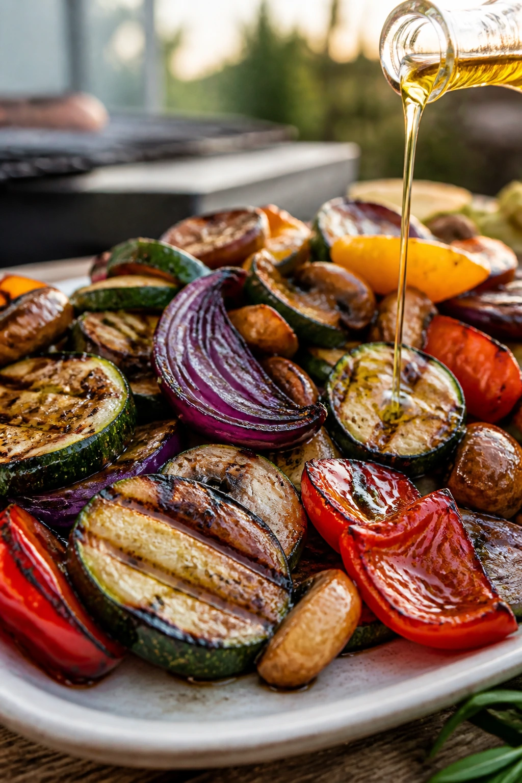 Glossy grilled vegetables with olive oil and vinegar finish