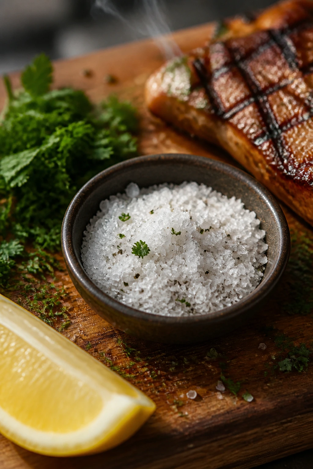 Finishing salt, herbs, and lemon wedge on a grill-side setup