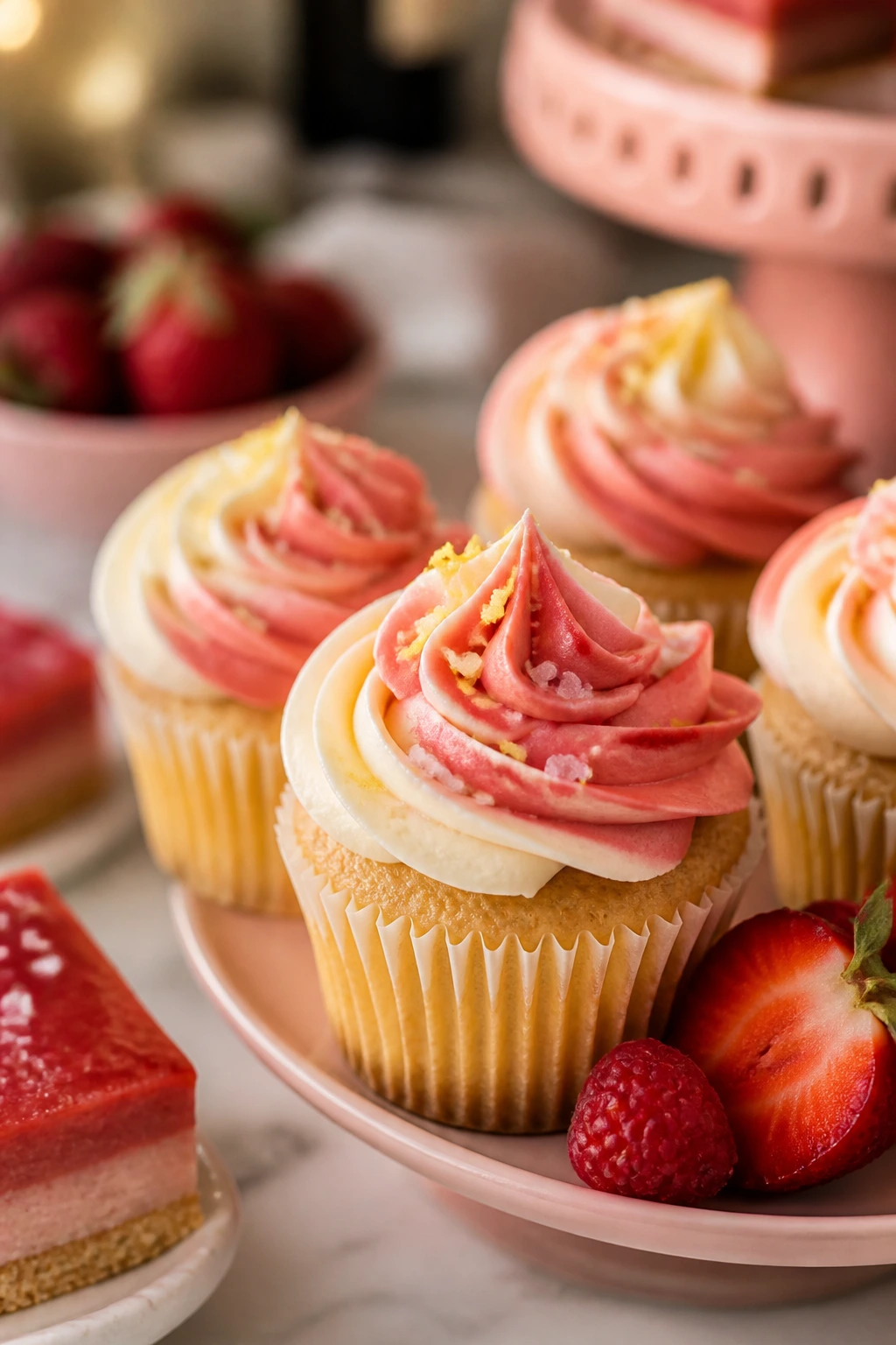 Cupcakes with finishing touches like lemon zest and salt on frosting
