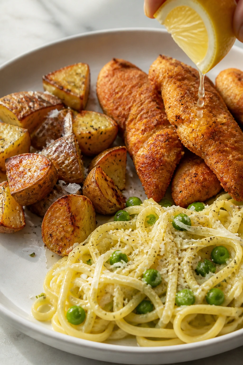Plate with roasted potatoes, chicken tenders, and parmesan-touched noodles showing subtle upgrades