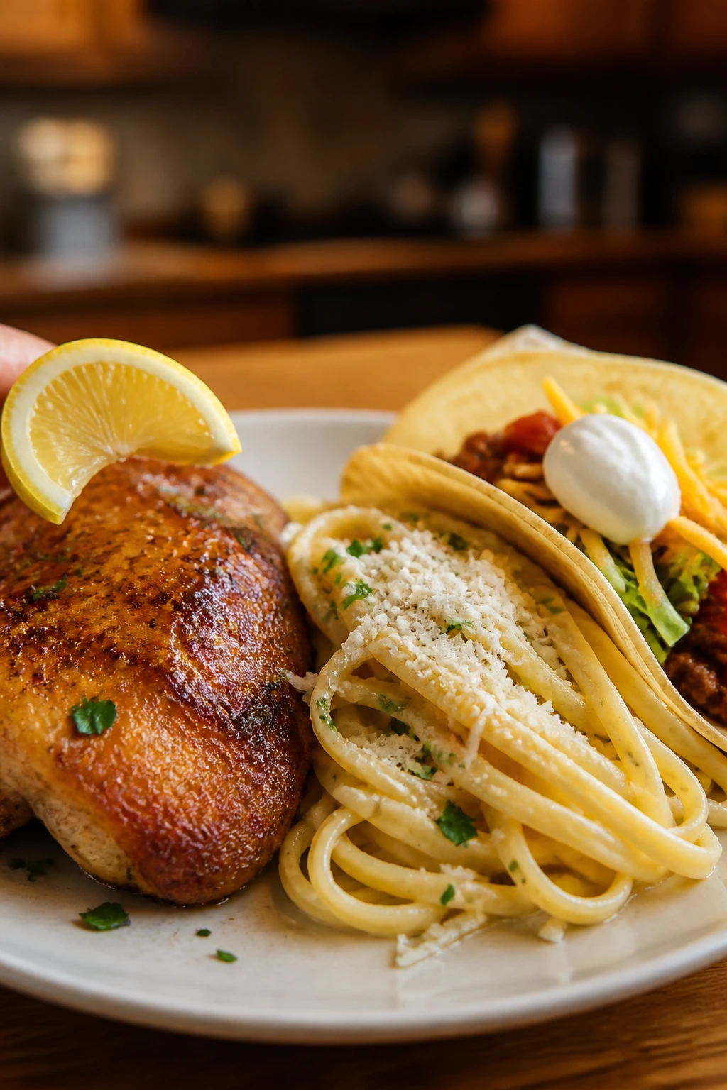Plate with finishing touches like lemon, Parmesan, and sour cream