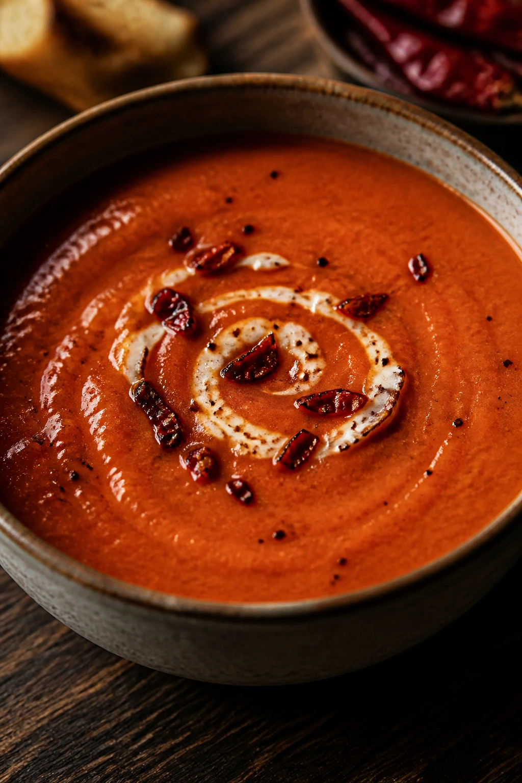 Close-up of smoky fire-roasted tomato soup with chipotle in a bowl