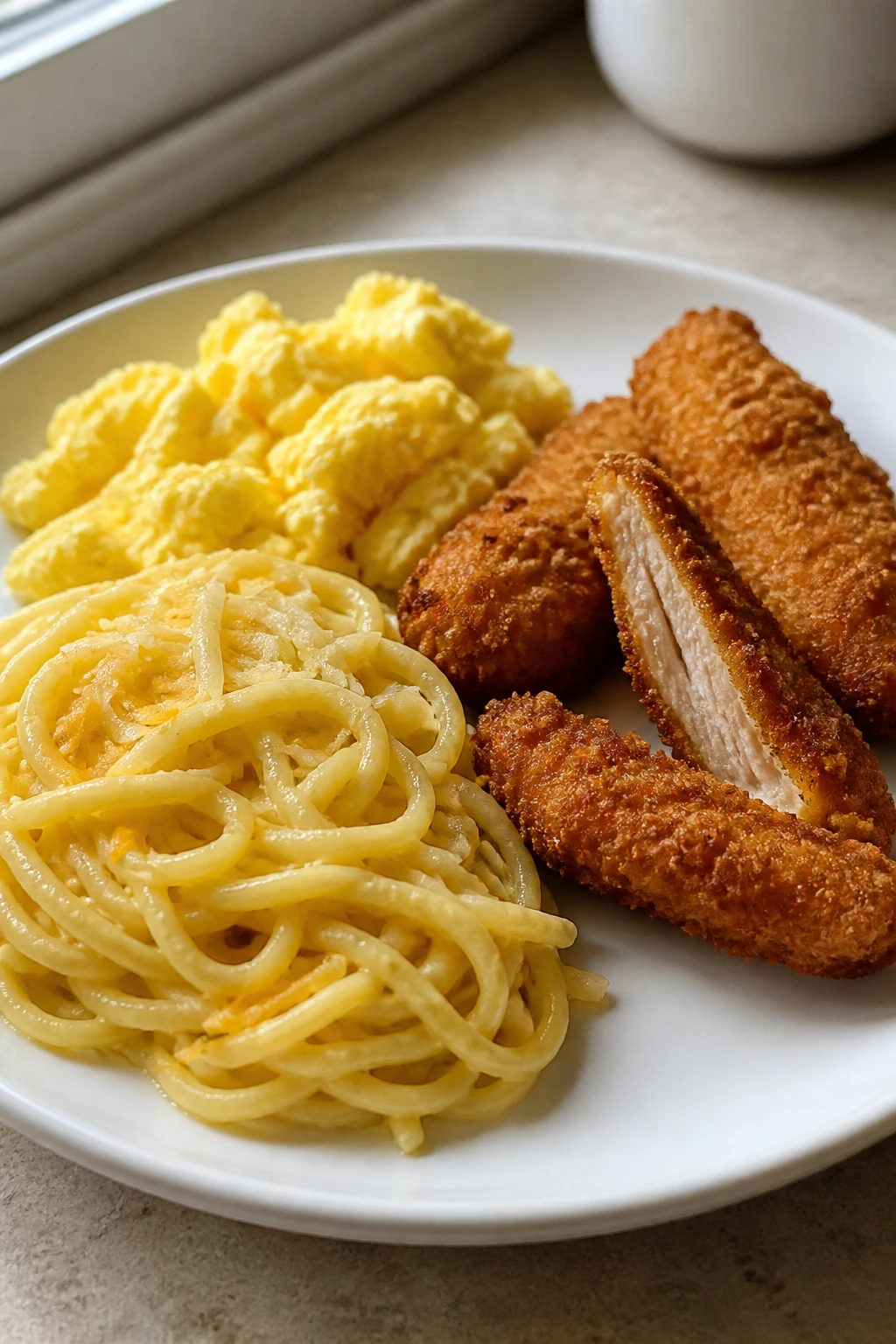 Plate with butter noodles, chicken tenders, and scrambled eggs separated on a counter
