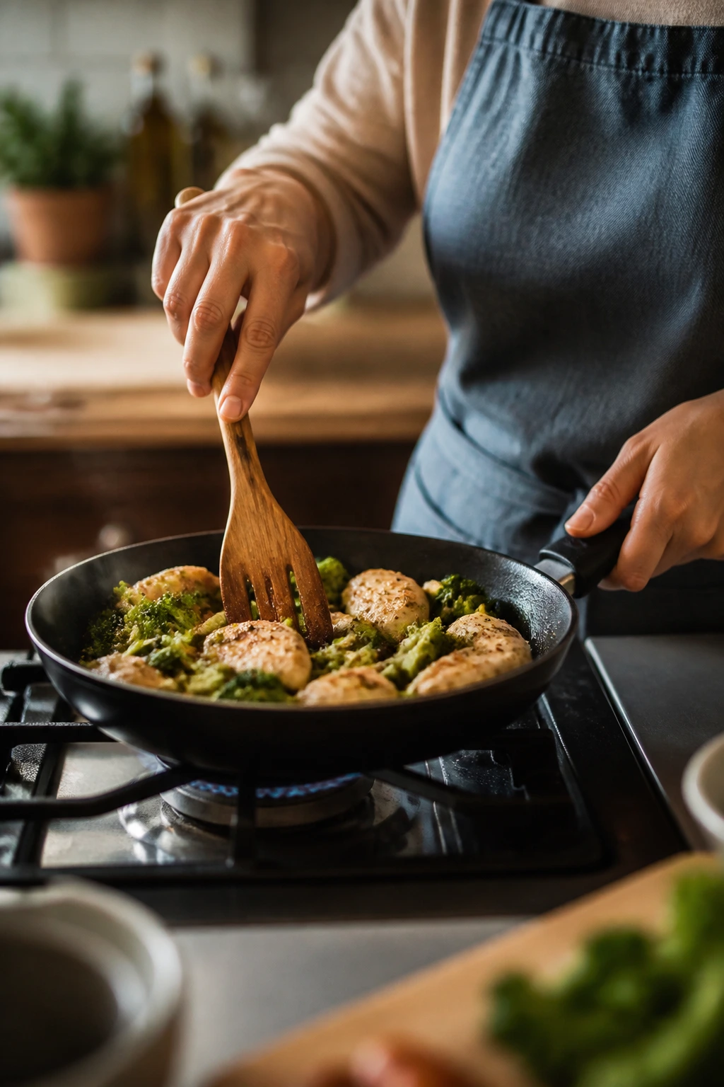 Person cooking with a single skillet on a stove in a warm kitchen