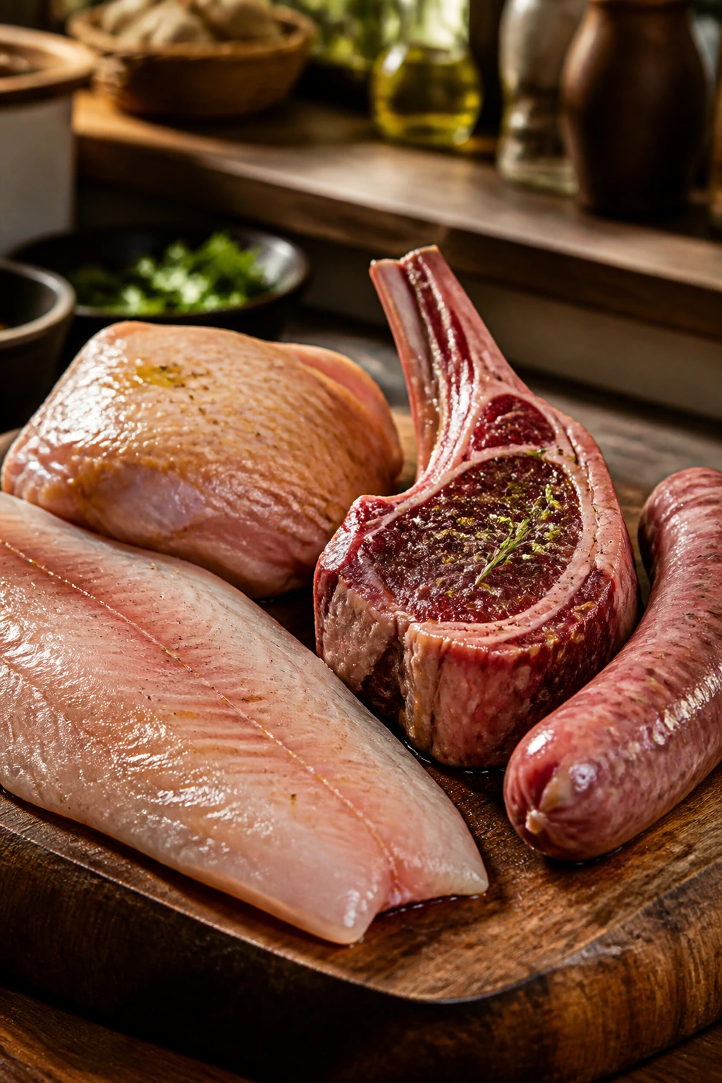 Cutting board with fish, chicken, lamb, and sausage on a rustic kitchen counter