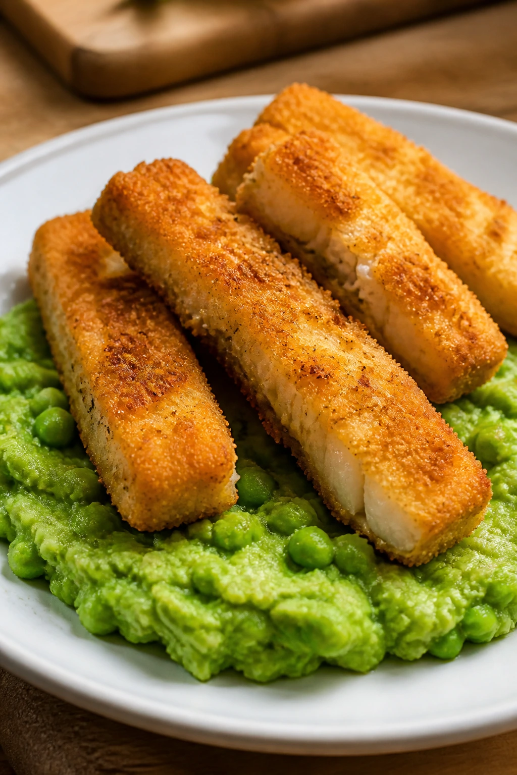 Crispy baked fish fingers on pea mash