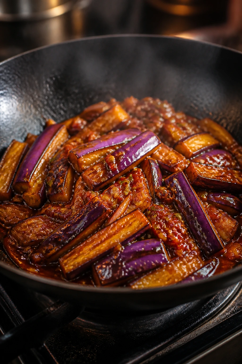 Close-up of fish-fragrant eggplant in glossy sauce