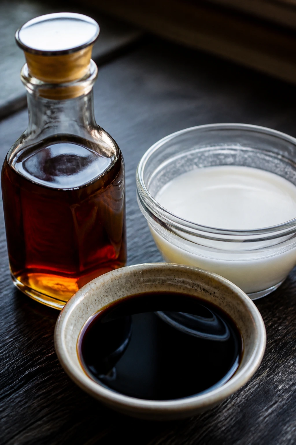 Fish sauce and soy sauce with cornstarch slurry on wooden surface