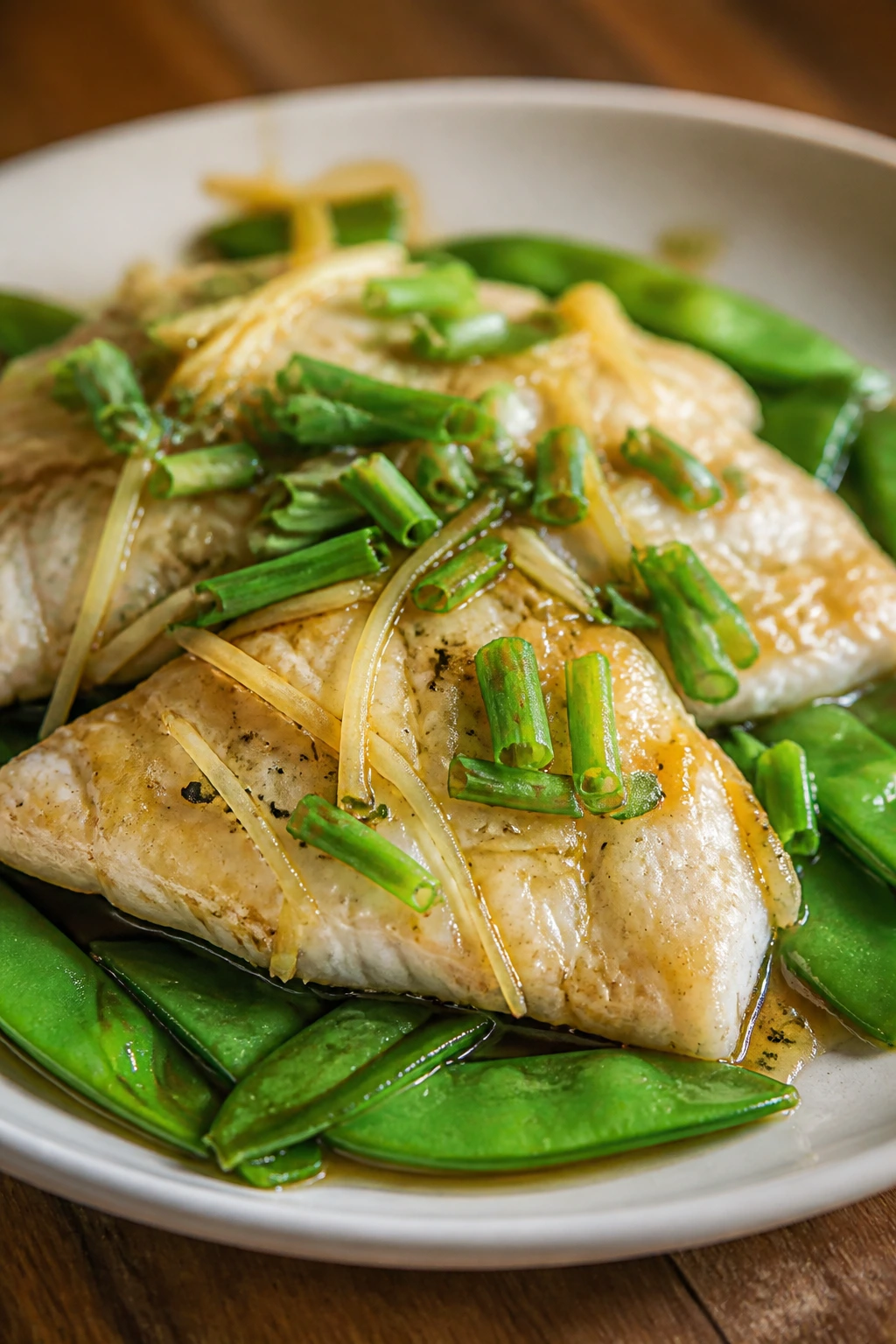 Close-up of fish with snow peas and ginger on plate