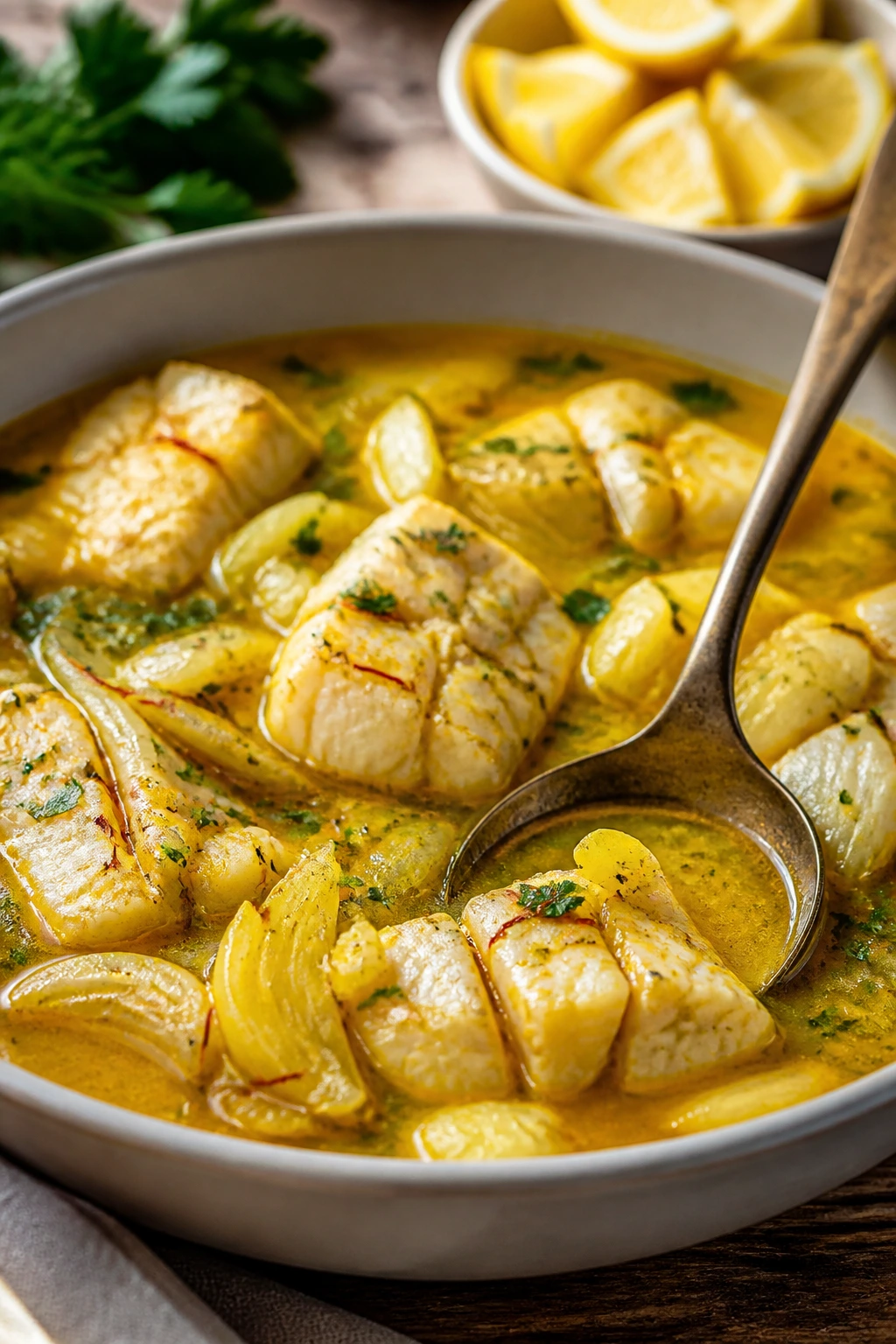 Bowl of fish stew with fennel and saffron