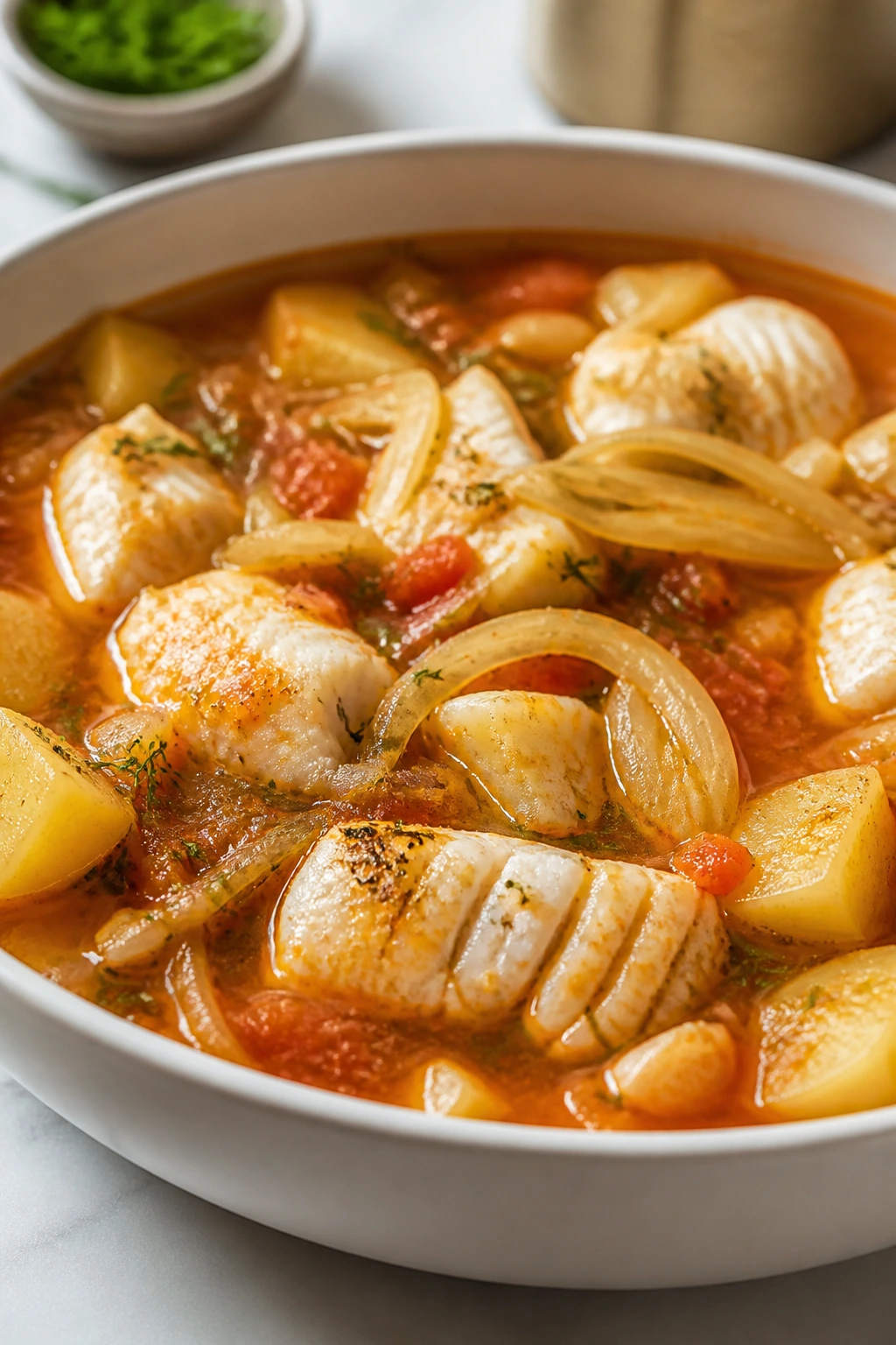 Close-up of tomato-braised fish stew with fennel and potatoes in a bowl.