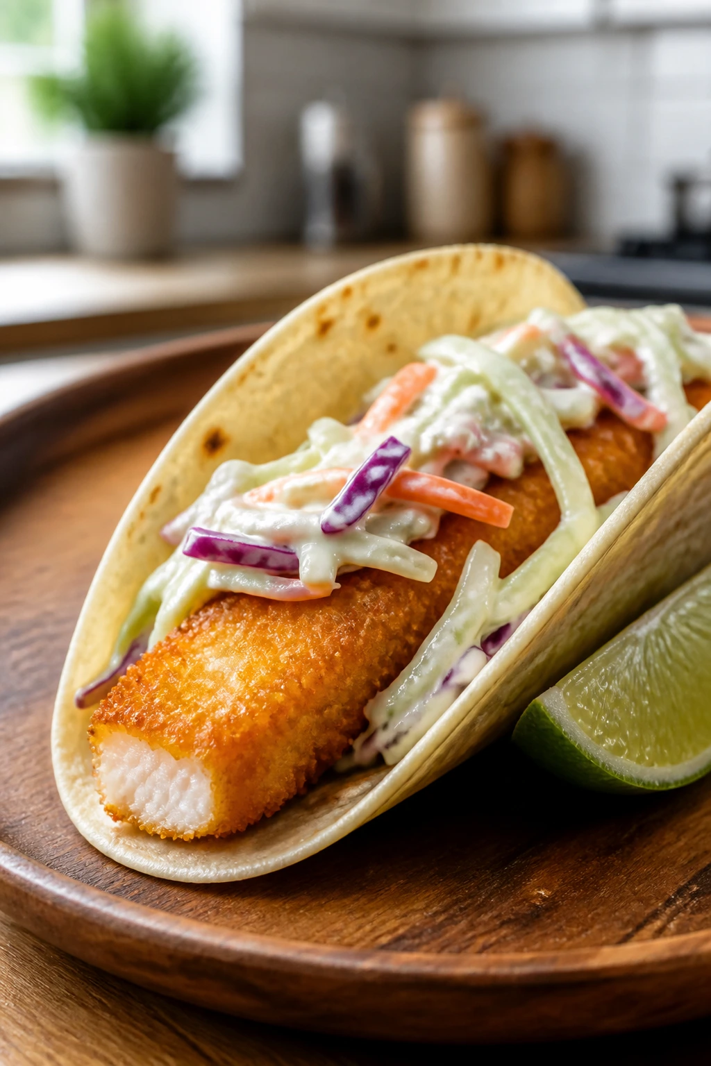 Single fish stick taco with creamy slaw on plate